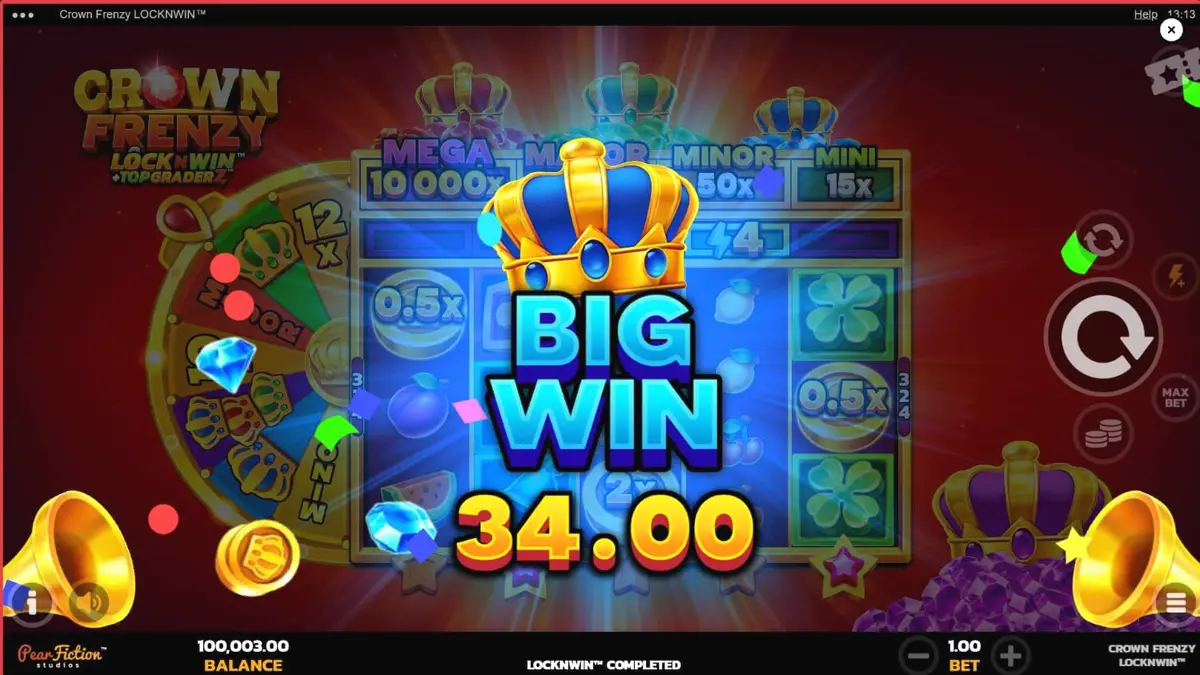 Tampilan visual mewah dari slot Crown Frenzy LockNWin dengan simbol mahkota dan permata.