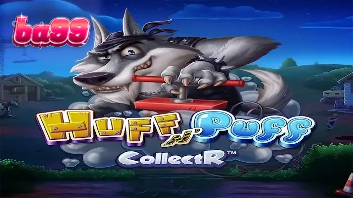 Tampilan visual permainan slot Huff N' Puff CollectR dengan karakter babi dan serigala